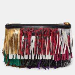 Saint Laurent Multicolor Leather and Suede Fringed Zip Clutch