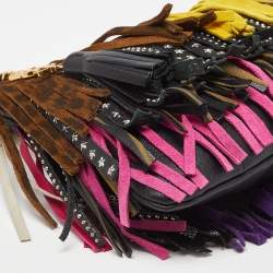 Saint Laurent Multicolor Leather and Suede Fringed Zip Clutch