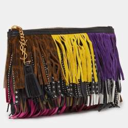 Saint Laurent Multicolor Leather and Suede Fringed Zip Clutch