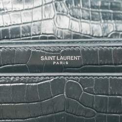 Pre Owned Saint Laurent Dark Green Croc Embossed Leather Medium Sunset Shoulder Bag