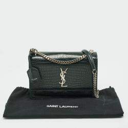 Pre Owned Saint Laurent Dark Green Croc Embossed Leather Medium Sunset Shoulder Bag