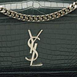 Pre Owned Saint Laurent Dark Green Croc Embossed Leather Medium Sunset Shoulder Bag