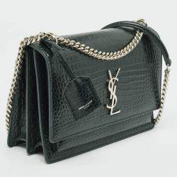 Pre Owned Saint Laurent Dark Green Croc Embossed Leather Medium Sunset Shoulder Bag