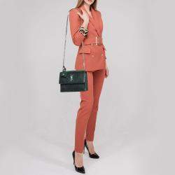 Pre Owned Saint Laurent Dark Green Croc Embossed Leather Medium Sunset Shoulder Bag