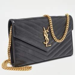 Saint Laurent Black Matelassé Leather Cassandre Wallet on Chain