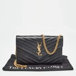Saint Laurent Black Matelassé Leather Cassandre Wallet on Chain