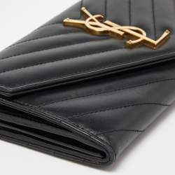 Pre Owned Saint Laurent Black Matelassé Leather Cassandre Flap Wallet