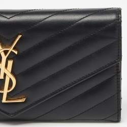 Pre Owned Saint Laurent Black Matelassé Leather Cassandre Flap Wallet