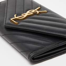 Pre Owned Saint Laurent Black Matelassé Leather Cassandre Flap Wallet