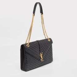 Pre Owned Saint Laurent Black Matelassé Leather Large Monogram Envelope Shoulder Bag