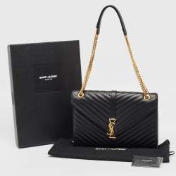 Pre Owned Saint Laurent Black Matelassé Leather Large Monogram Envelope Shoulder Bag