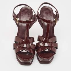 Saint Laurent Burgundy Patent Leather Tribute  Sandals Size 37.5