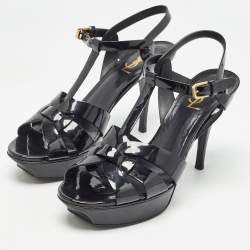 مملوكة مسبقًا Saint Laurent Black Patent Leather Tribute Sandals Size 40