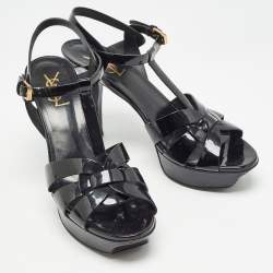 مملوكة مسبقًا Saint Laurent Black Patent Leather Tribute Sandals Size 40