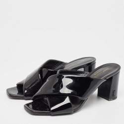 Saint Laurent Black Patent Leather Loulou Slide Sandals Size 37