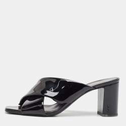 Saint Laurent Black Patent Leather Loulou Slide Sandals Size 37