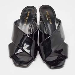 Saint Laurent Black Patent Leather Loulou Slide Sandals Size 37