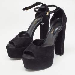 Pre Owned Saint Laurent Black Suede Platform Ankle Strap Sandals Size 36.5