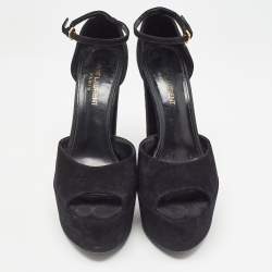 Pre Owned Saint Laurent Black Suede Platform Ankle Strap Sandals Size 36.5