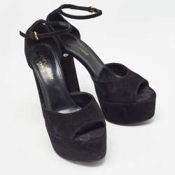 Pre Owned Saint Laurent Black Suede Platform Ankle Strap Sandals Size 36.5