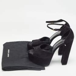 Pre Owned Saint Laurent Black Suede Platform Ankle Strap Sandals Size 36.5
