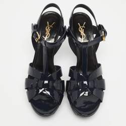 مملوكة مسبقًا Saint Laurent Navy Blue Patent Leather Tribute Sandals Size 38