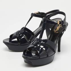 مملوكة مسبقًا Saint Laurent Navy Blue Patent Leather Tribute Sandals Size 38
