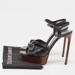 Pre Owned Saint Laurent Black Leather Bow Platform Ankle Strap Sandals Size 37