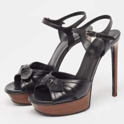 Pre Owned Saint Laurent Black Leather Bow Platform Ankle Strap Sandals Size 37