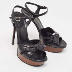 Pre Owned Saint Laurent Black Leather Bow Platform Ankle Strap Sandals Size 37