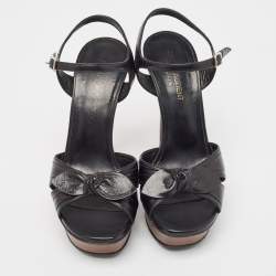 Pre Owned Saint Laurent Black Leather Bow Platform Ankle Strap Sandals Size 37