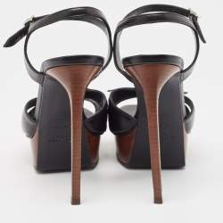 Pre Owned Saint Laurent Black Leather Bow Platform Ankle Strap Sandals Size 37