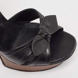 Pre Owned Saint Laurent Black Leather Bow Platform Ankle Strap Sandals Size 37