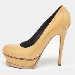 Saint Laurent Beige Patent Leather Tribtoo Platform Pumps Size 38