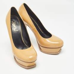 Saint Laurent Beige Patent Leather Tribtoo Platform Pumps Size 38