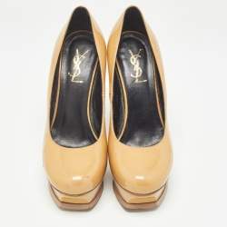 Saint Laurent Beige Patent Leather Tribtoo Platform Pumps Size 38