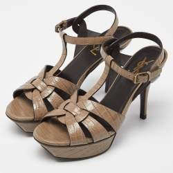 Saint Laurent Brown Croc Embossed Leather Tribute Platform Sandals Size 38.5