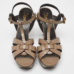 Saint Laurent Brown Croc Embossed Leather Tribute Platform Sandals Size 38.5