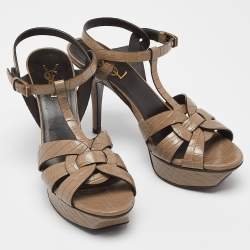 Saint Laurent Brown Croc Embossed Leather Tribute Platform Sandals Size 38.5