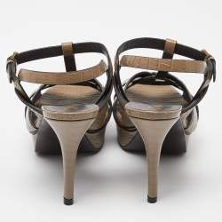 Saint Laurent Brown Croc Embossed Leather Tribute Platform Sandals Size 38.5