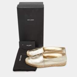 Pre Owned Saint Laurent Gold Leather Cassandra Espadrilles Slip On Loafers Size 37.5