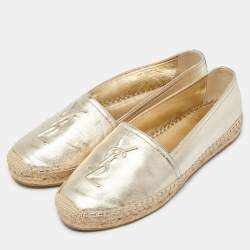 Pre Owned Saint Laurent Gold Leather Cassandra Espadrilles Slip On Loafers Size 37.5