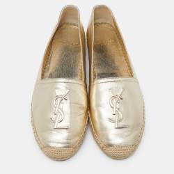 Pre Owned Saint Laurent Gold Leather Cassandra Espadrilles Slip On Loafers Size 37.5