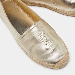 Pre Owned Saint Laurent Gold Leather Cassandra Espadrilles Slip On Loafers Size 37.5