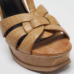 Saint Laurent Beige Croc Embossed Leather Tribute Sandals Size 38.5