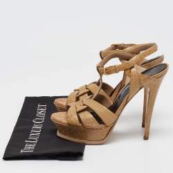 Saint Laurent Beige Croc Embossed Leather Tribute Sandals Size 38.5