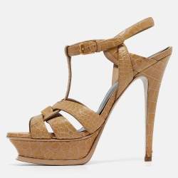 Saint Laurent Beige Croc Embossed Leather Tribute Sandals Size 38.5