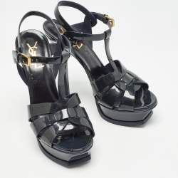 Pre Owned Saint Laurent Green Patent Leather Tribute Sandals Size 37.5