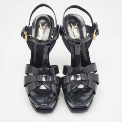 Pre Owned Saint Laurent Green Patent Leather Tribute Sandals Size 37.5