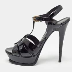 Pre Owned Saint Laurent Black Patent Leather Tribute Ankle Strap Sandals Size 38.5